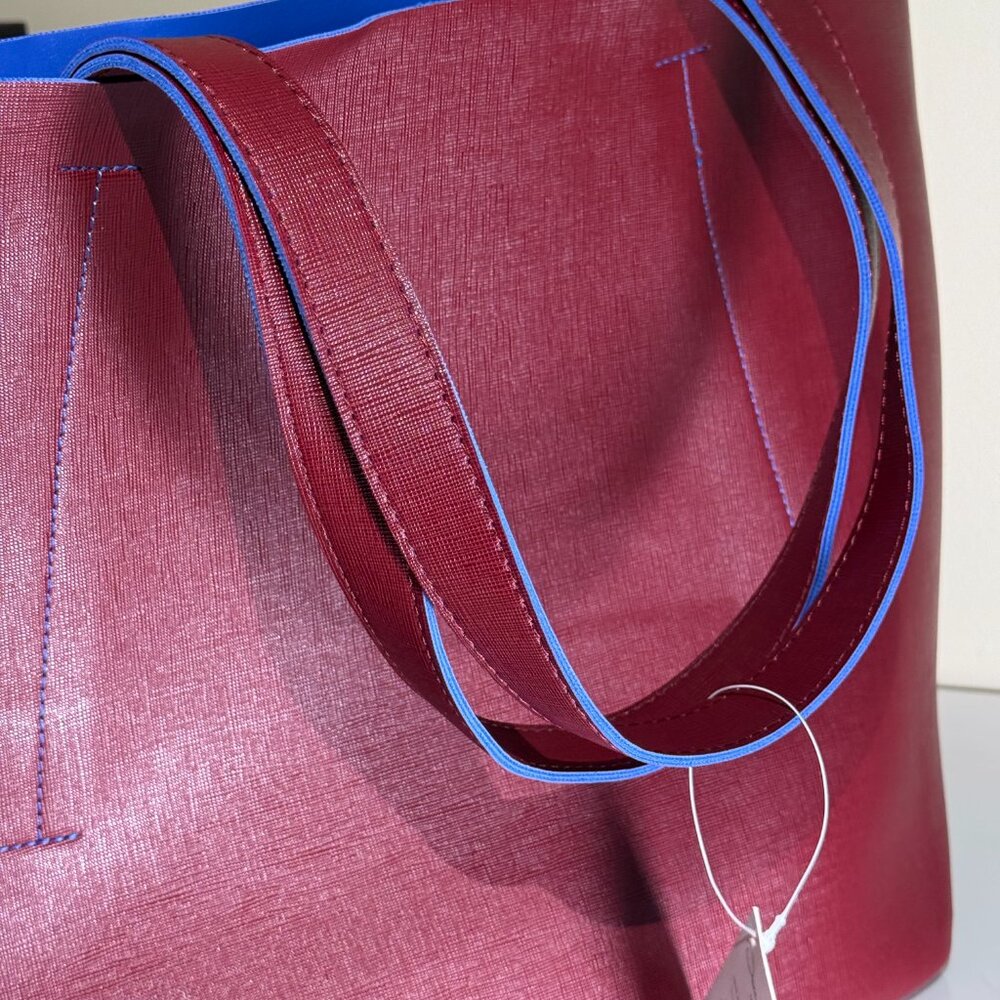 Oscar de la Renta Reversible Tote Bag Maroon Red Blue Shopper Carryall Purse - Picture 4 of 5